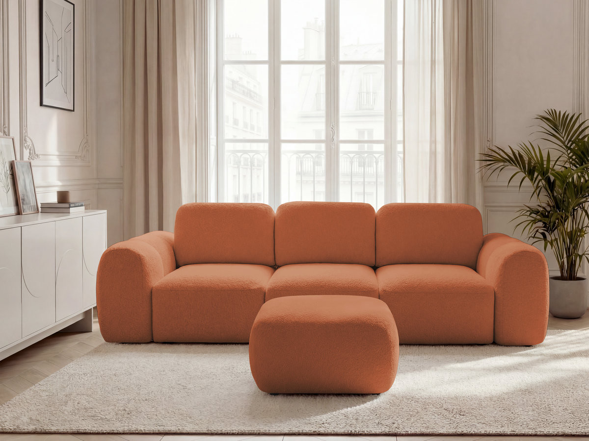 Canapé droit convertible coffre 3 places MONTAIGNE tissu bouclette avec pouf