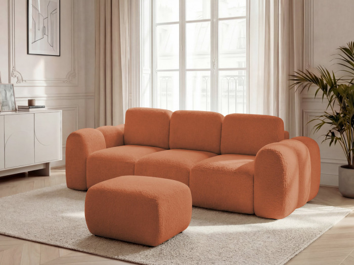 Canapé droit convertible 3 places MONTAIGNE tissu bouclette avec pouf