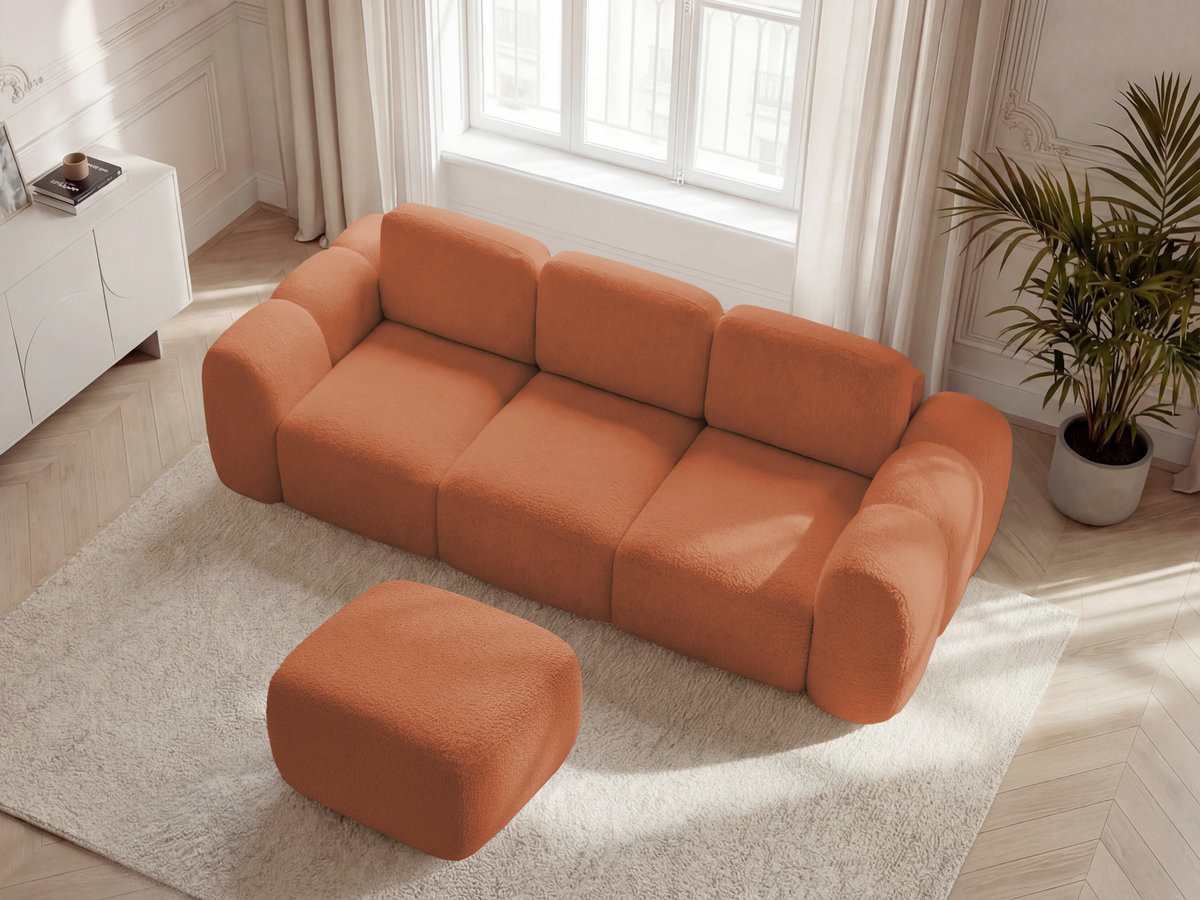 Canapé droit convertible coffre 3 places MONTAIGNE bouclette avec pouf orange — vue 6