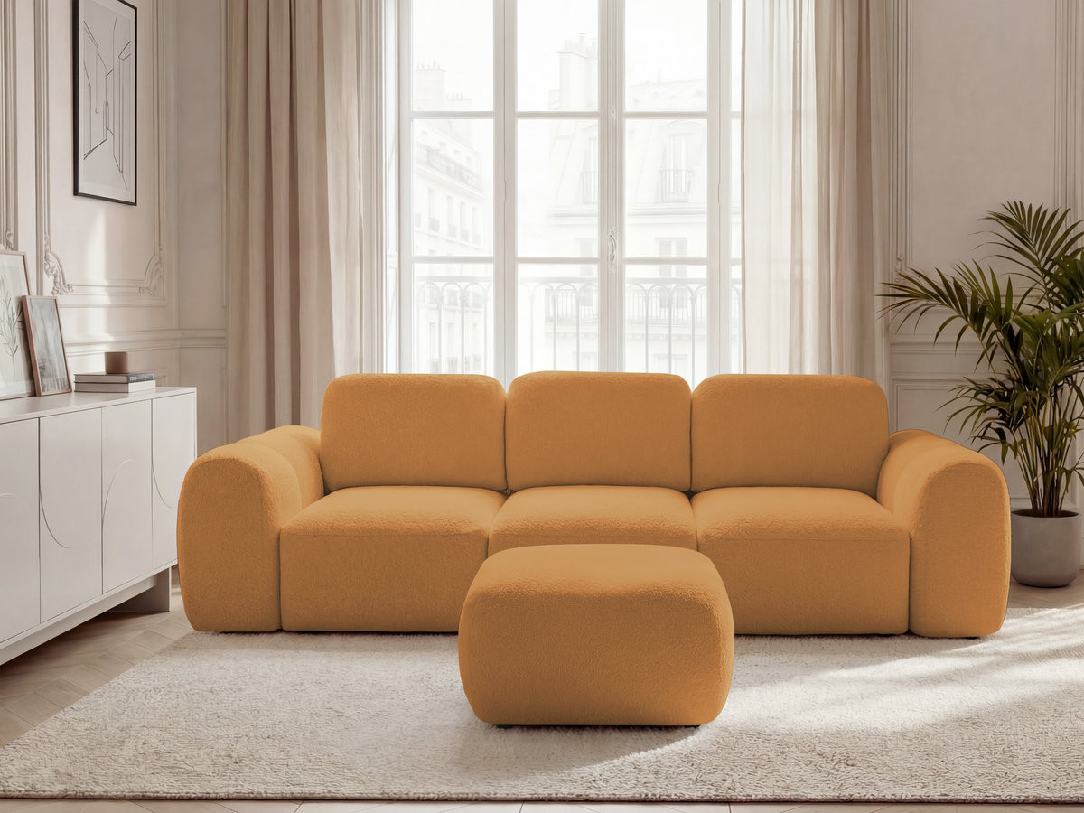 Canapé droit convertible coffre 3 places MONTAIGNE tissu bouclette avec pouf