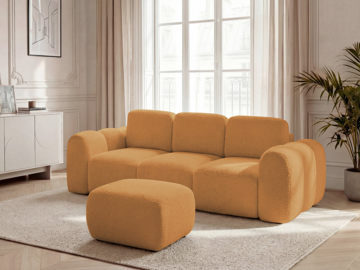 Canapé droit convertible coffre 3 places MONTAIGNE tissu bouclette avec pouf
