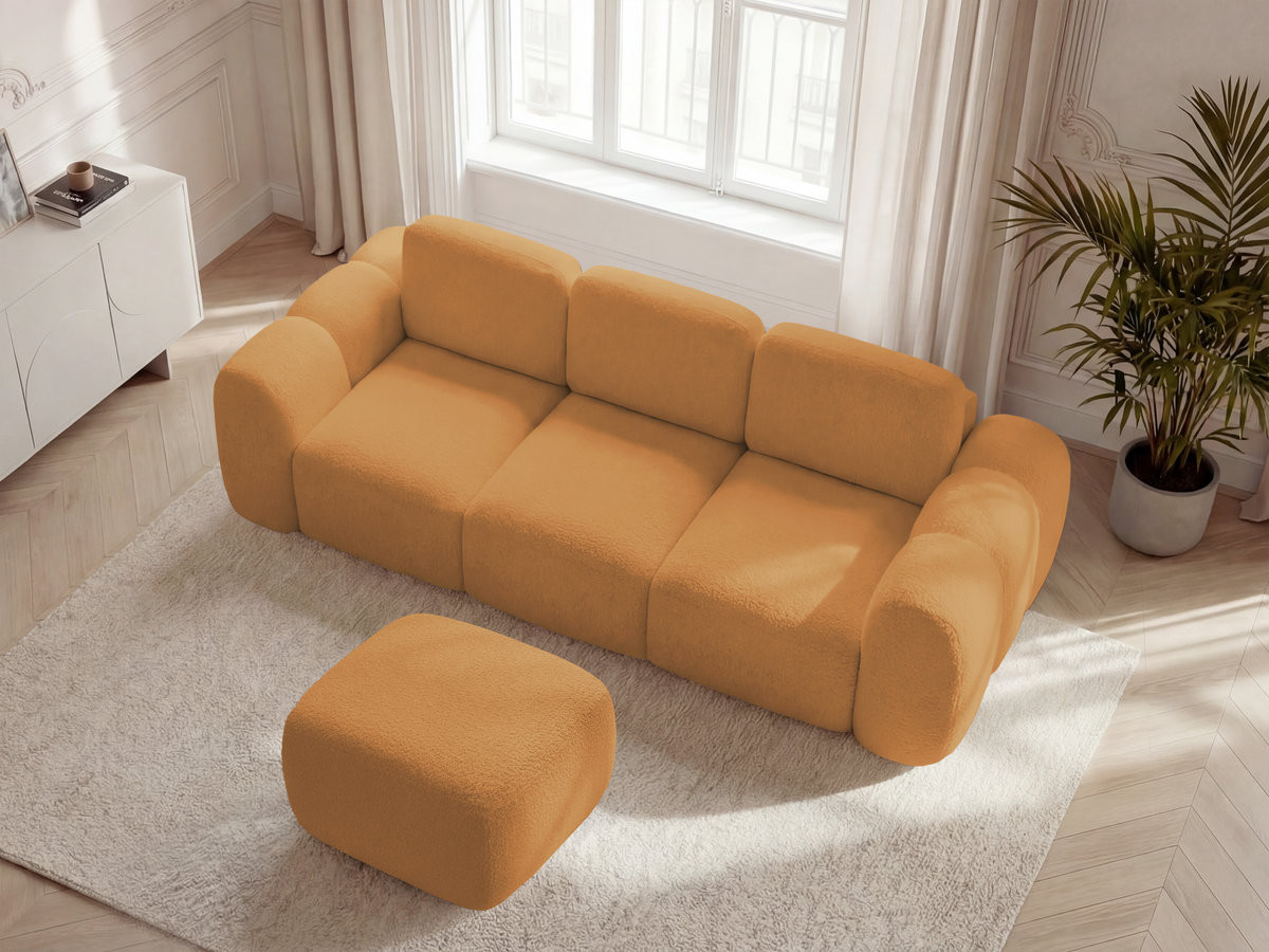 Canapé droit convertible coffre 3 places MONTAIGNE bouclette avec pouf jaune — vue 6