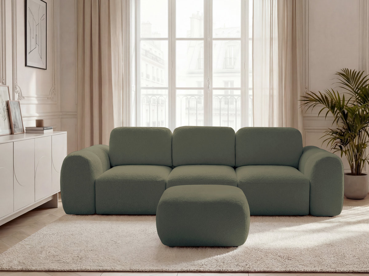 Canapé droit convertible coffre 3 places MONTAIGNE tissu bouclette avec pouf