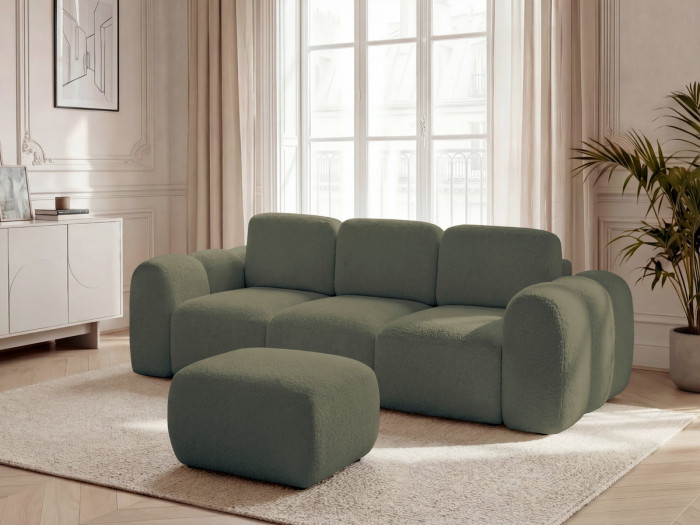 Canapé droit convertible coffre 3 places MONTAIGNE tissu bouclette avec pouf