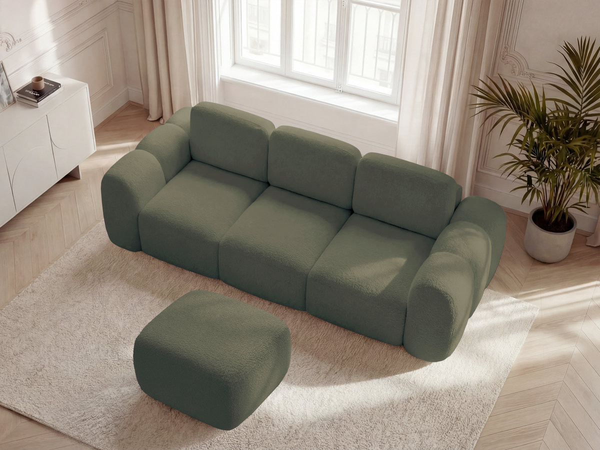 Canapé droit convertible coffre 3 places MONTAIGNE tissu bouclette avec pouf
