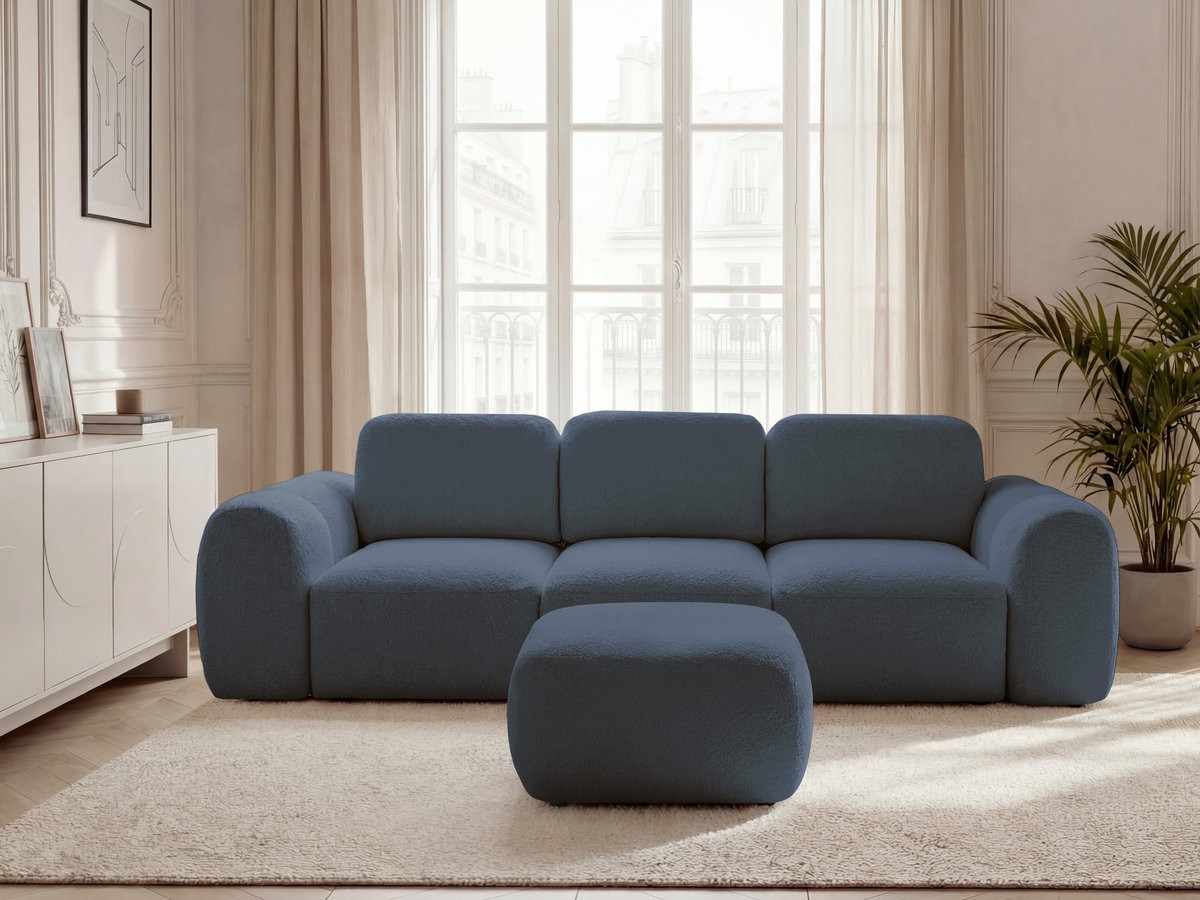 Canapé droit convertible coffre 3 places MONTAIGNE tissu bouclette avec pouf