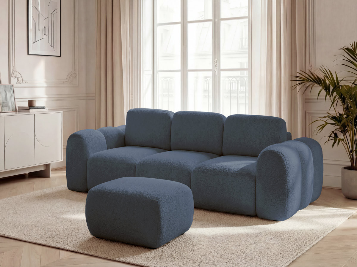 Canapé droit convertible coffre 3 places MONTAIGNE tissu bouclette avec pouf
