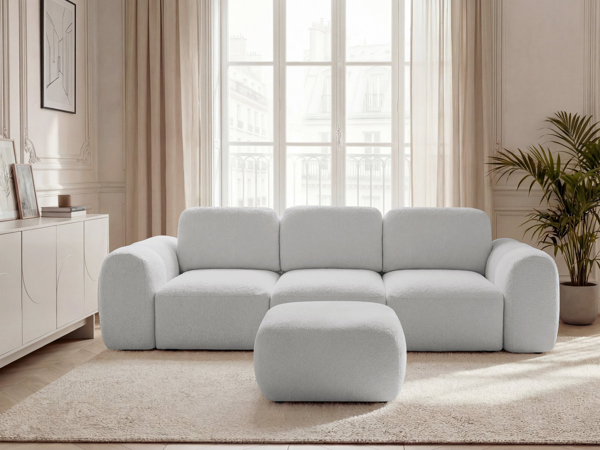 Canapé droit convertible coffre 3 places MONTAIGNE tissu bouclette avec pouf