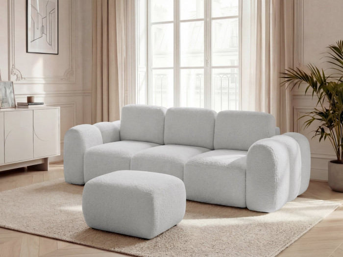 Canapé droit convertible 3 places MONTAIGNE tissu bouclette avec pouf