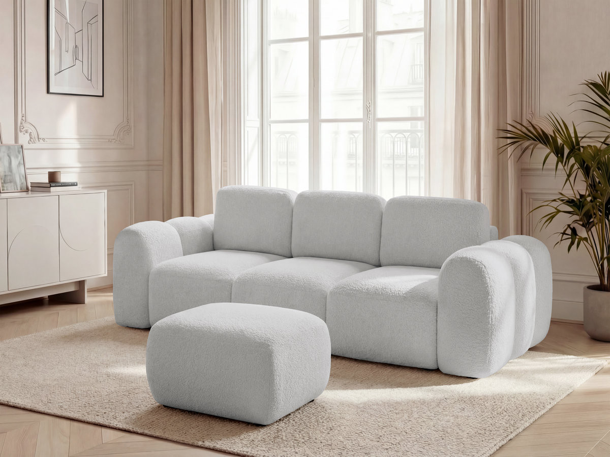 Canapé droit convertible coffre 3 places MONTAIGNE tissu bouclette avec pouf