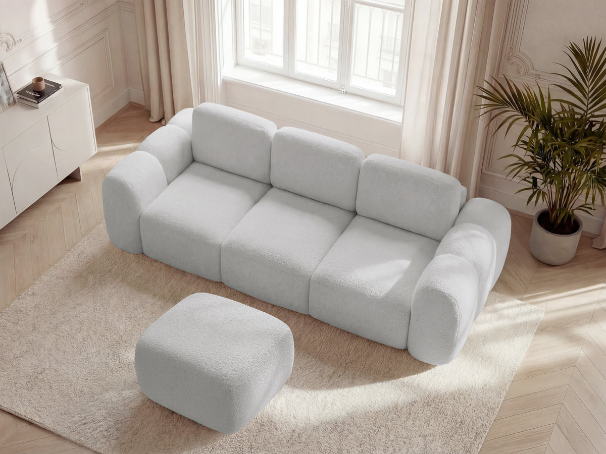 Canapé droit convertible coffre 3 places MONTAIGNE tissu bouclette avec pouf