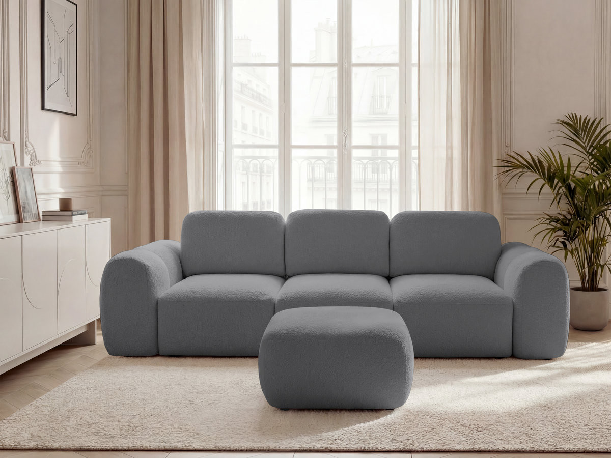 Canapé droit convertible coffre 3 places MONTAIGNE tissu bouclette avec pouf
