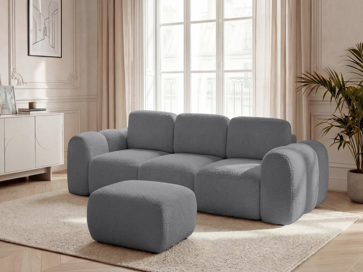 Canapé droit convertible coffre 3 places MONTAIGNE tissu bouclette avec pouf