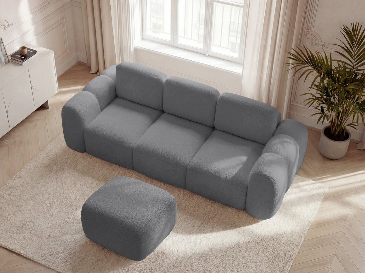 Canapé droit convertible coffre 3 places MONTAIGNE tissu bouclette avec pouf