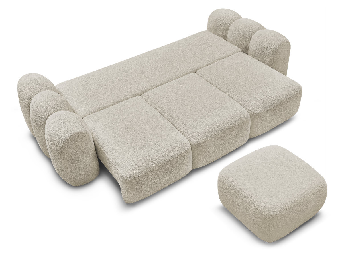 Canapé droit convertible coffre 3 places MONTAIGNE tissu bouclette avec pouf