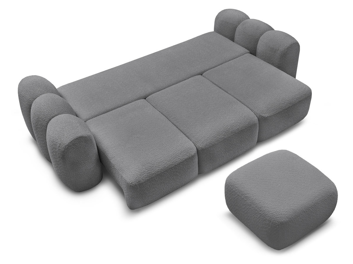 Canapé droit convertible coffre 3 places MONTAIGNE tissu bouclette avec pouf