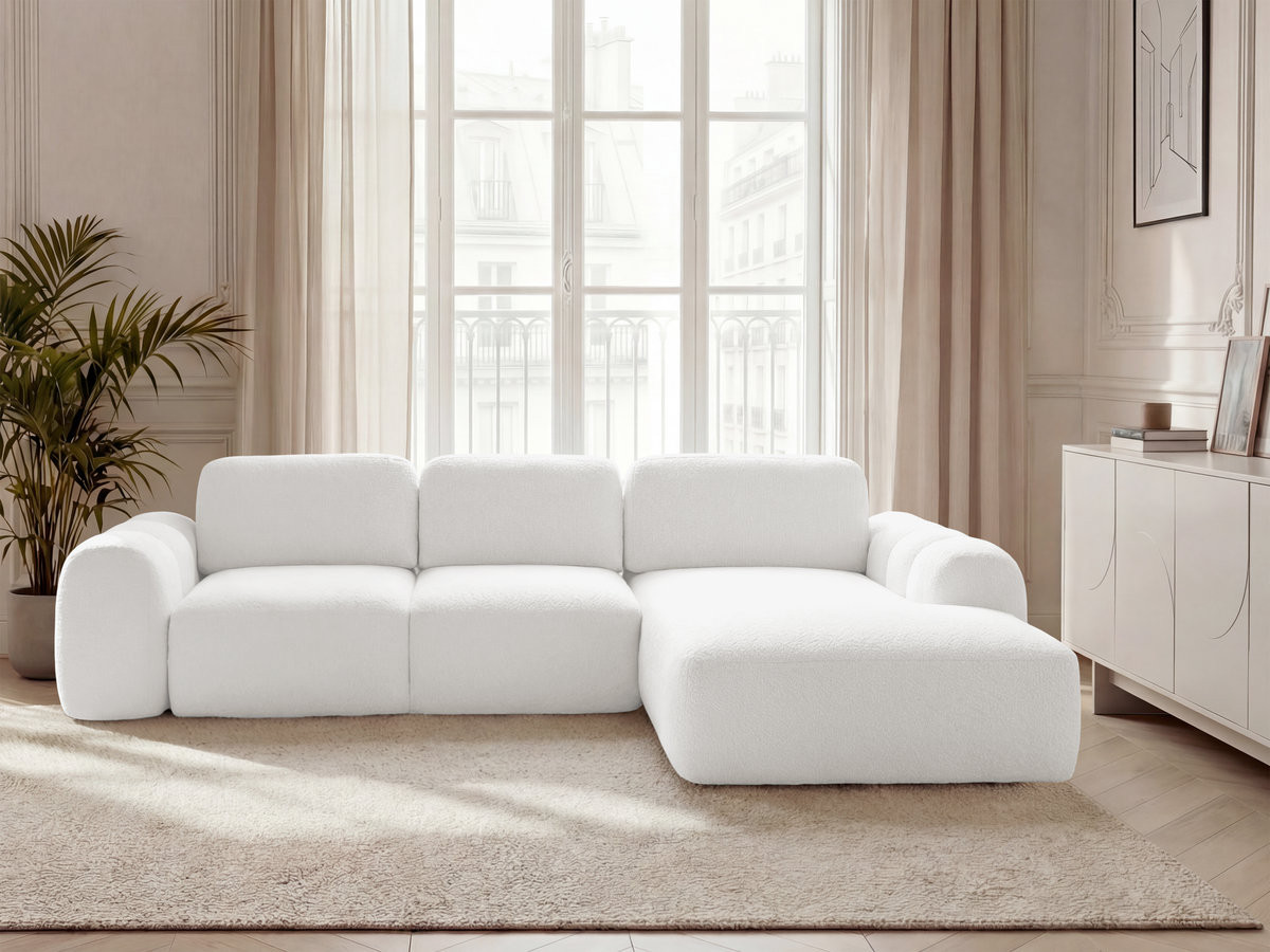 Canapé d'angle convertible coffre grande méridienne MONTAIGNE tissu bouclette