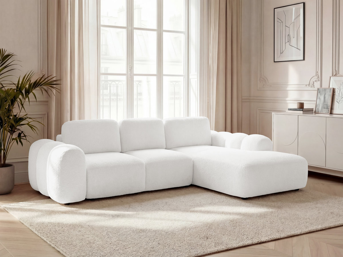 Canapé d'angle convertible coffre grande méridienne MONTAIGNE tissu bouclette