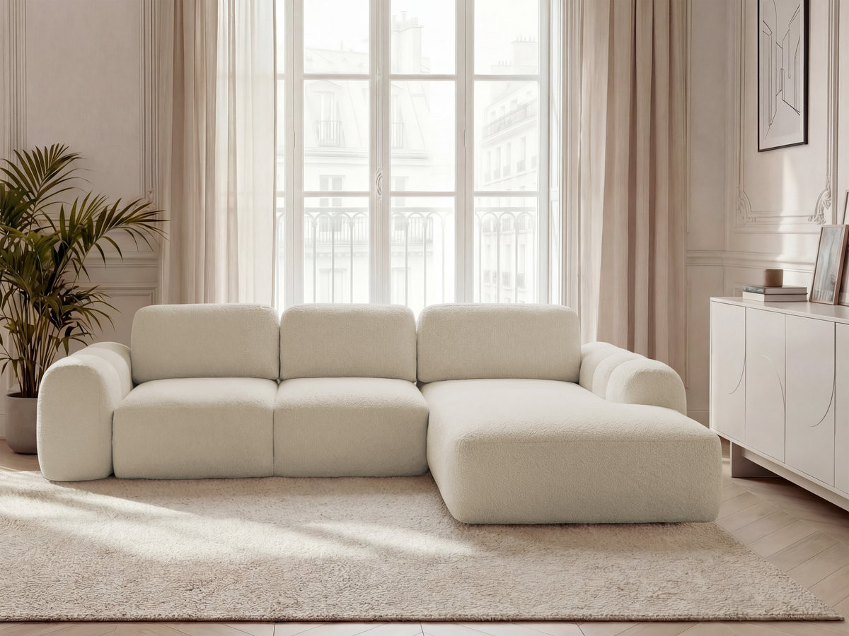 Canapé d'angle convertible coffre grande méridienne MONTAIGNE bouclette beige — vue 4