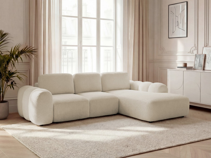 Canapé d'angle convertible coffre grande méridienne MONTAIGNE tissu bouclette