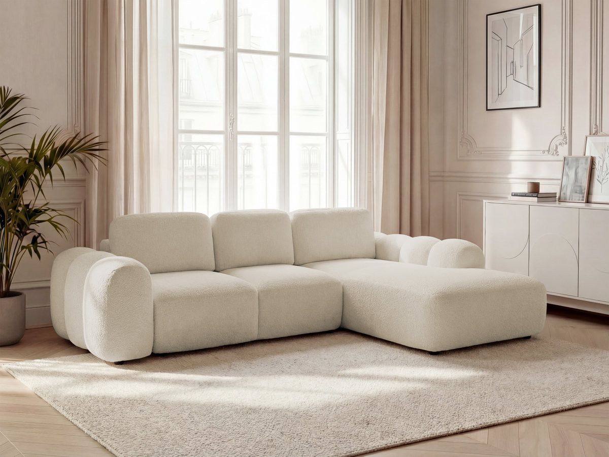 Canapé d'angle convertible coffre grande méridienne MONTAIGNE bouclette beige