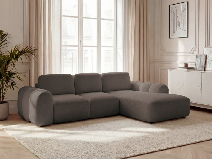 Canapé d'angle convertible coffre grande méridienne MONTAIGNE tissu bouclette
