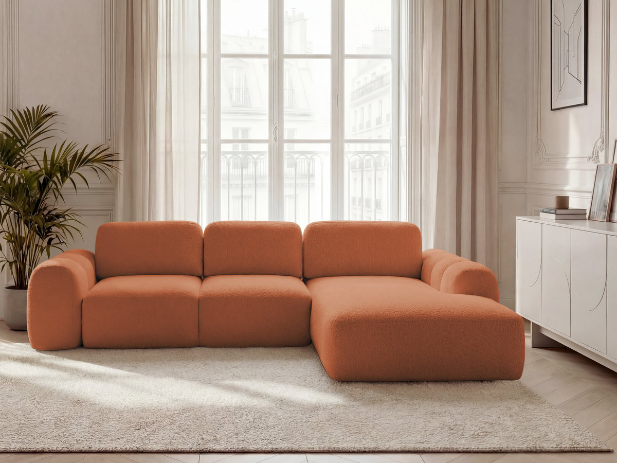 Canapé d'angle convertible coffre grande méridienne MONTAIGNE bouclette orange — vue 4
