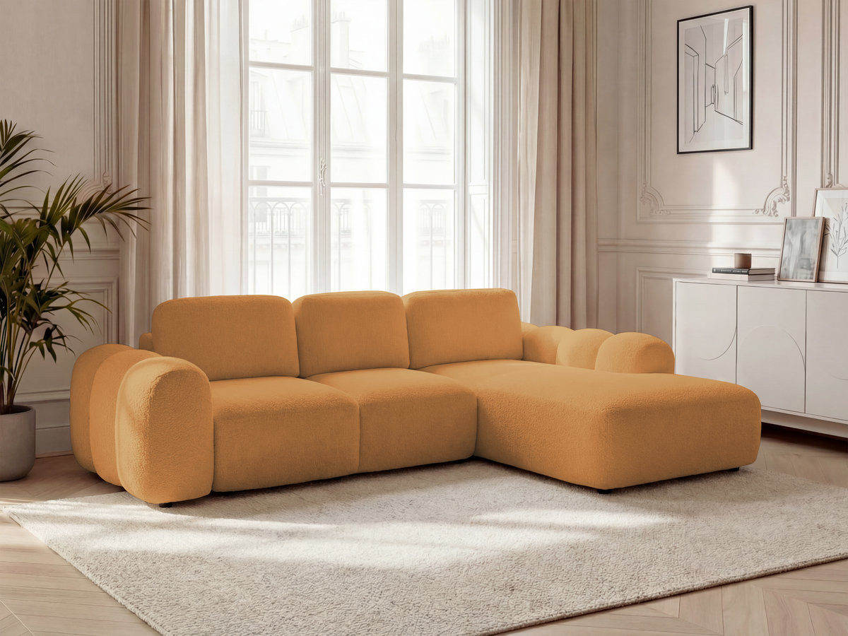 Canapé d'angle convertible coffre grande méridienne MONTAIGNE bouclette jaune
