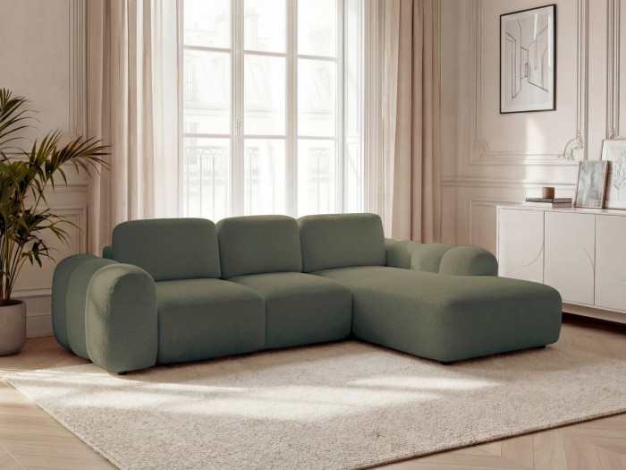 Canapé d'angle convertible coffre grande méridienne MONTAIGNE tissu bouclette