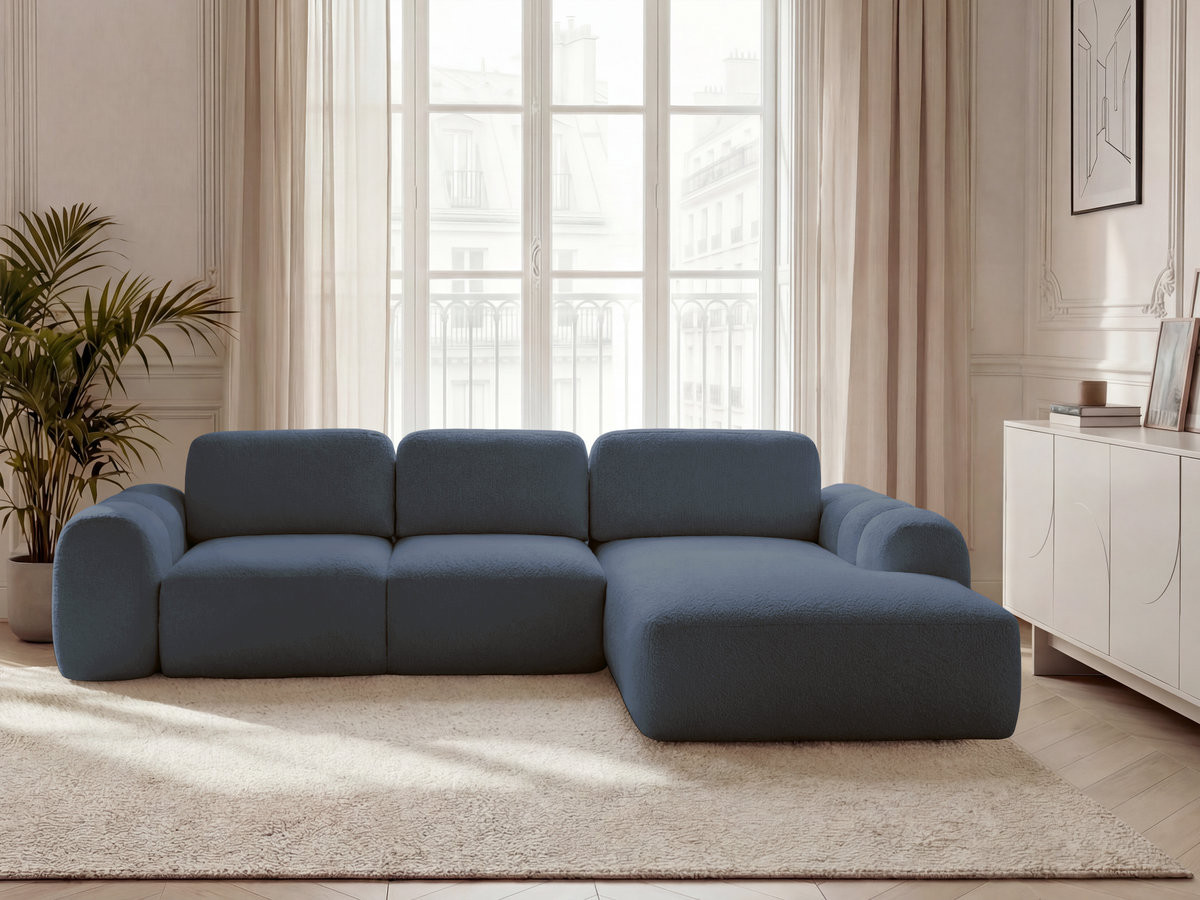 Canapé d'angle convertible coffre grande méridienne MONTAIGNE tissu bouclette