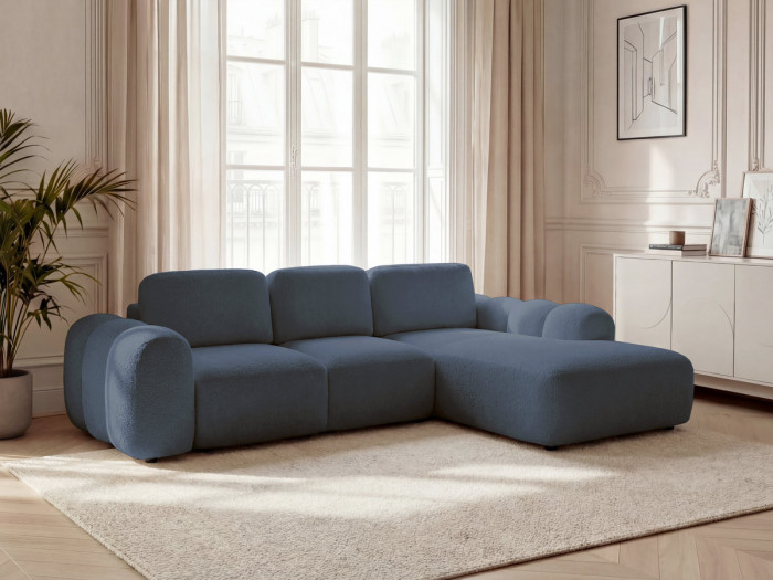 Canapé d'angle convertible coffre grande méridienne MONTAIGNE tissu bouclette