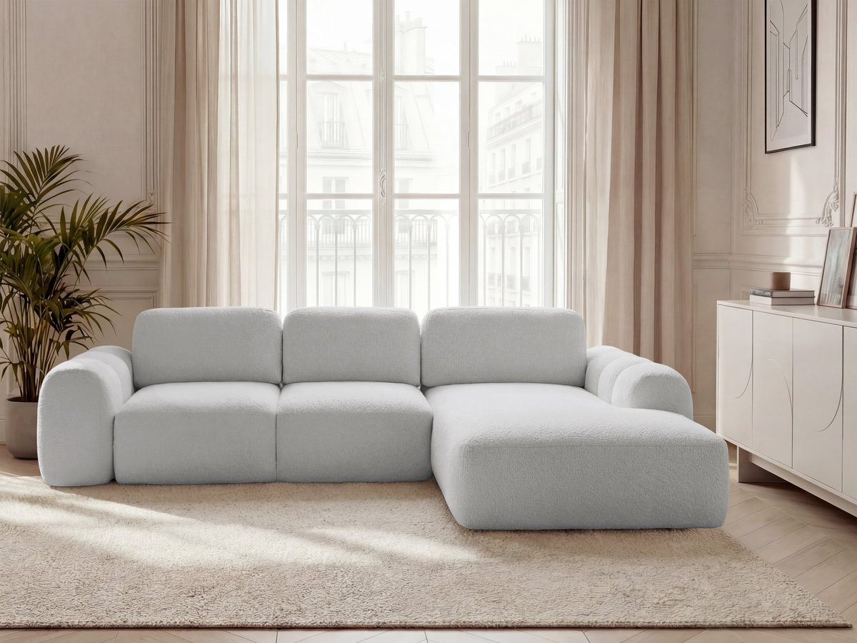 Canapé d'angle convertible coffre grande méridienne MONTAIGNE tissu bouclette