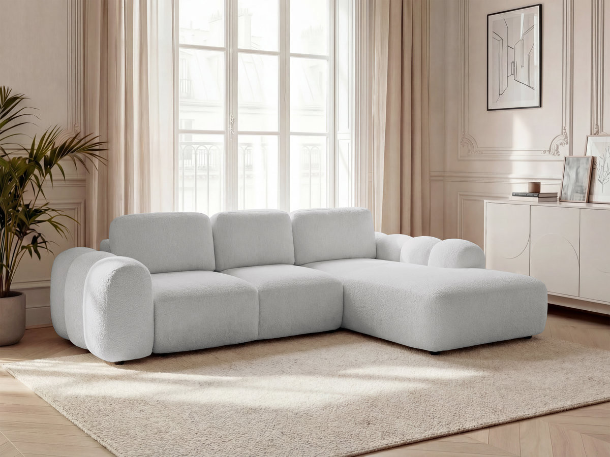 Canapé d'angle convertible coffre grande méridienne MONTAIGNE tissu bouclette