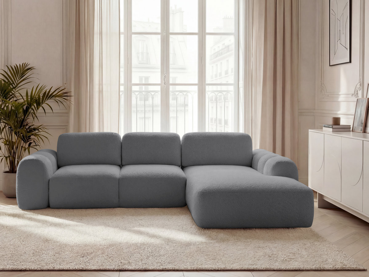 Canapé d'angle convertible coffre grande méridienne MONTAIGNE tissu bouclette