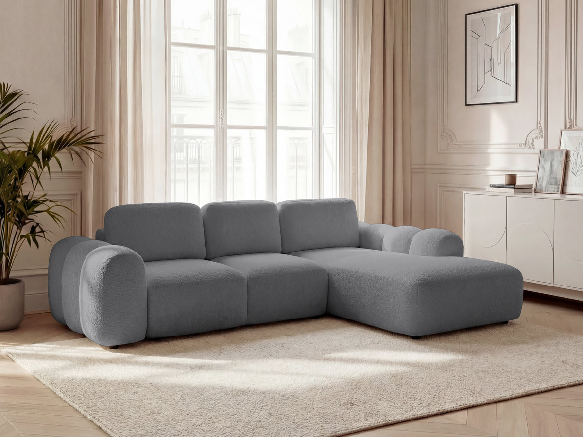 Canapé d'angle convertible coffre grande méridienne MONTAIGNE tissu bouclette