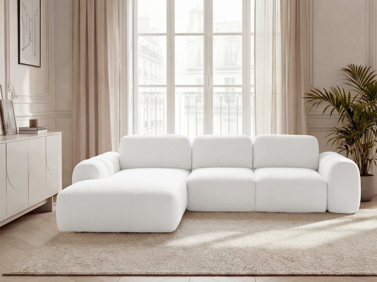 Canapé d'angle convertible coffre grande méridienne MONTAIGNE tissu bouclette