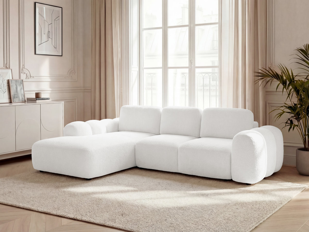 Canapé d'angle convertible coffre grande méridienne MONTAIGNE tissu bouclette