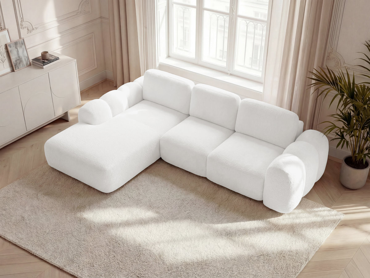 Canapé d'angle convertible coffre grande méridienne MONTAIGNE tissu bouclette