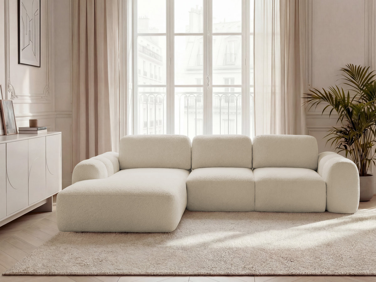 Canapé d'angle convertible coffre grande méridienne MONTAIGNE tissu bouclette