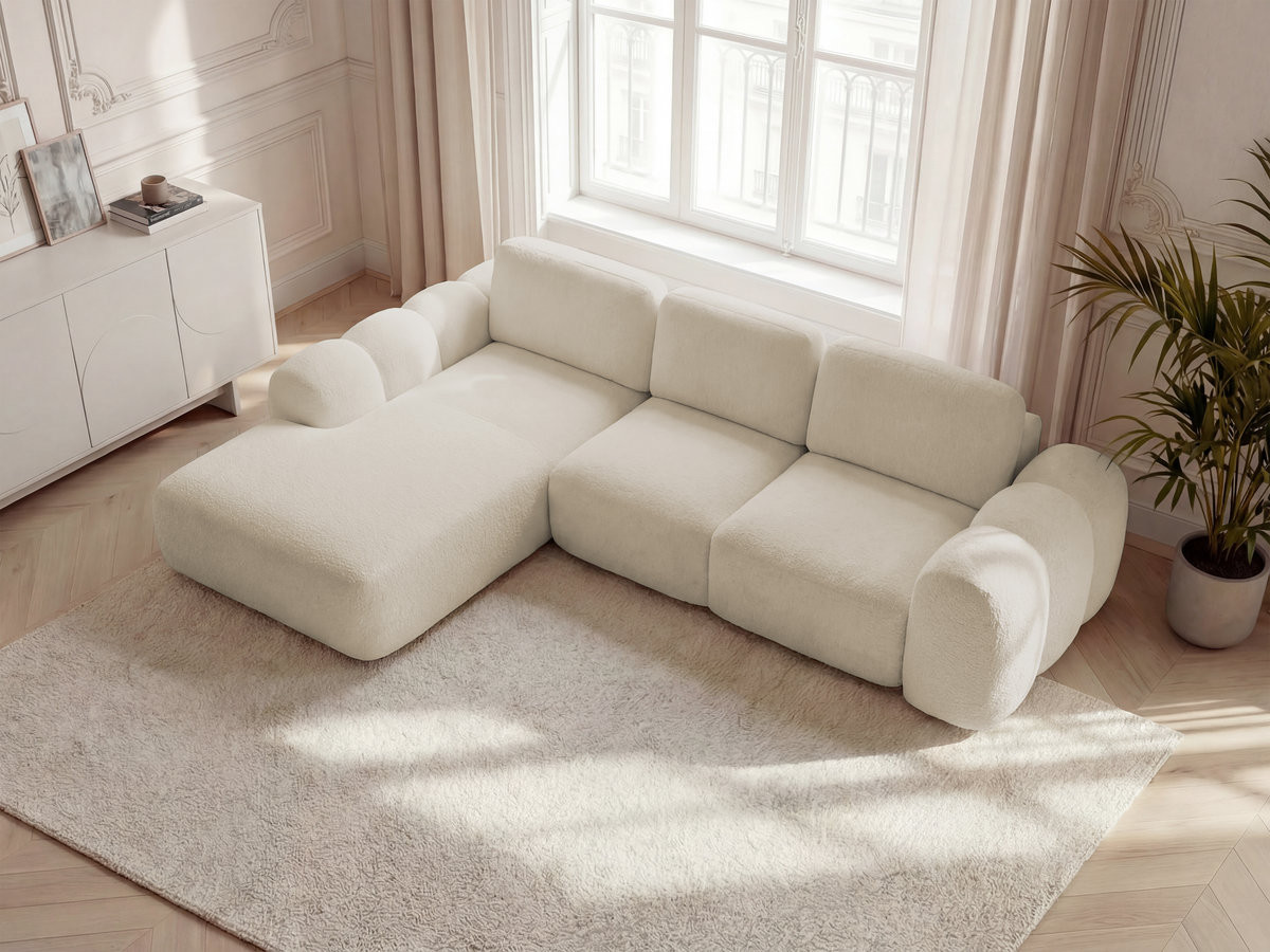 Canapé d'angle convertible coffre grande méridienne MONTAIGNE tissu bouclette