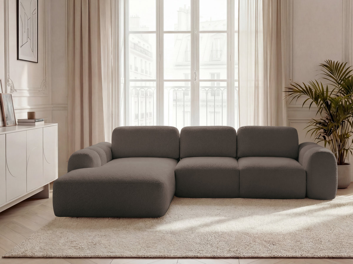 Canapé d'angle convertible coffre grande méridienne MONTAIGNE tissu bouclette