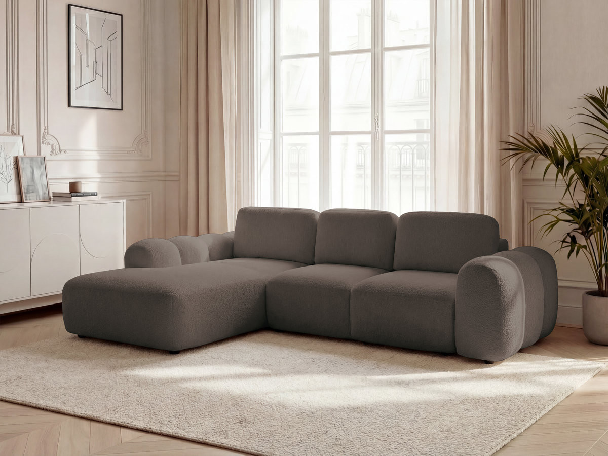 Canapé d'angle convertible coffre grande méridienne MONTAIGNE tissu bouclette marron  angle gauche BOBOCHIC 3 places
