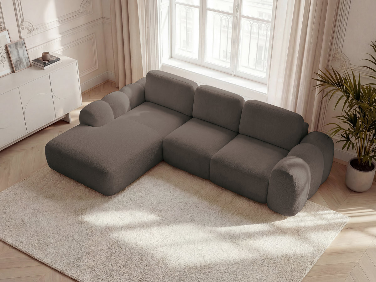 Canapé d'angle convertible coffre grande méridienne MONTAIGNE tissu bouclette