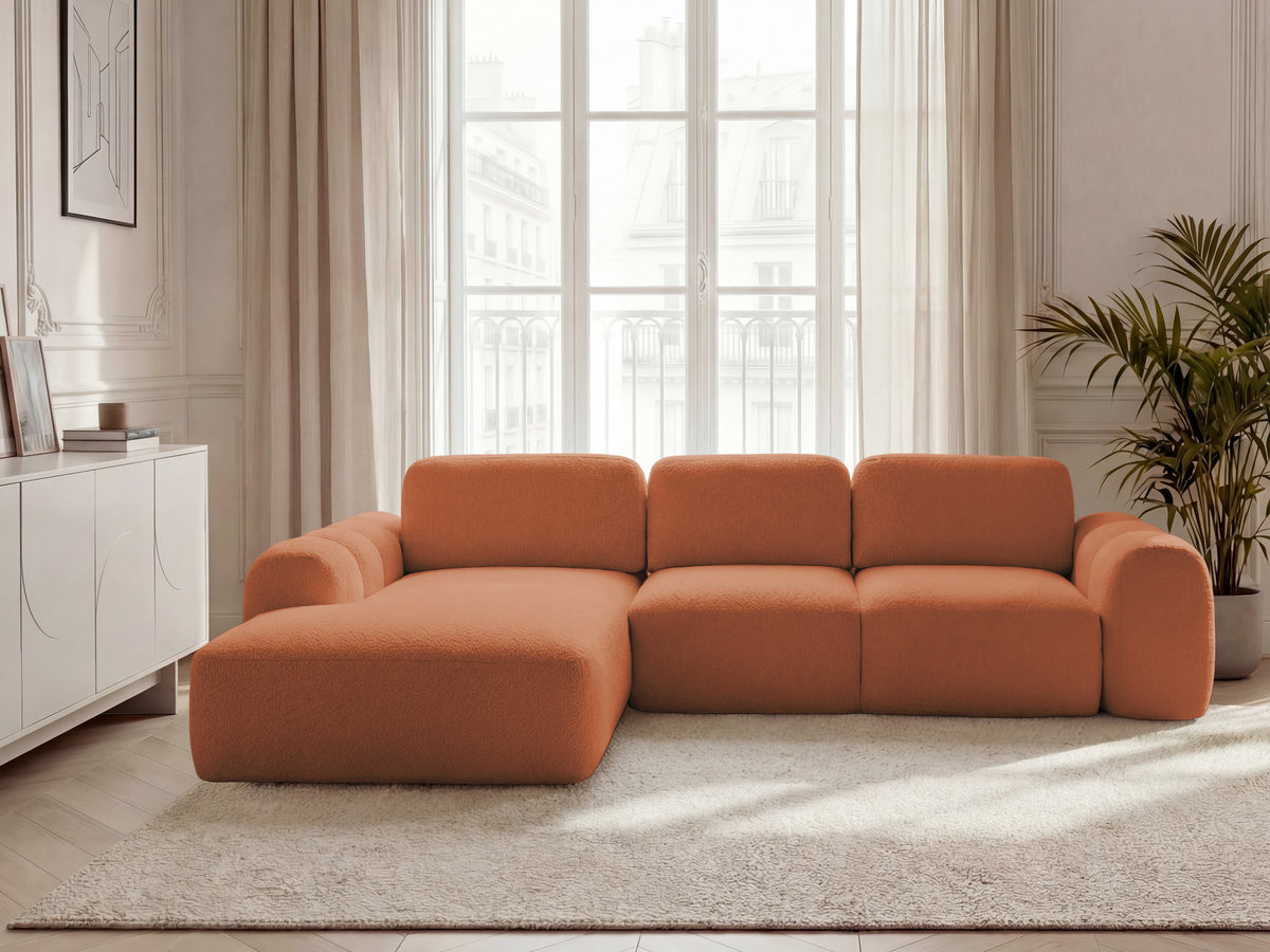 Canapé d'angle convertible coffre grande méridienne MONTAIGNE tissu bouclette