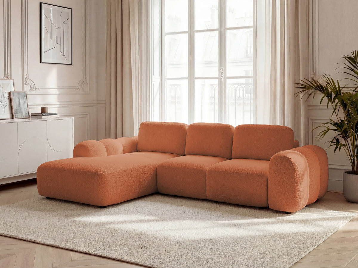 Canapé d'angle convertible coffre grande méridienne MONTAIGNE tissu bouclette