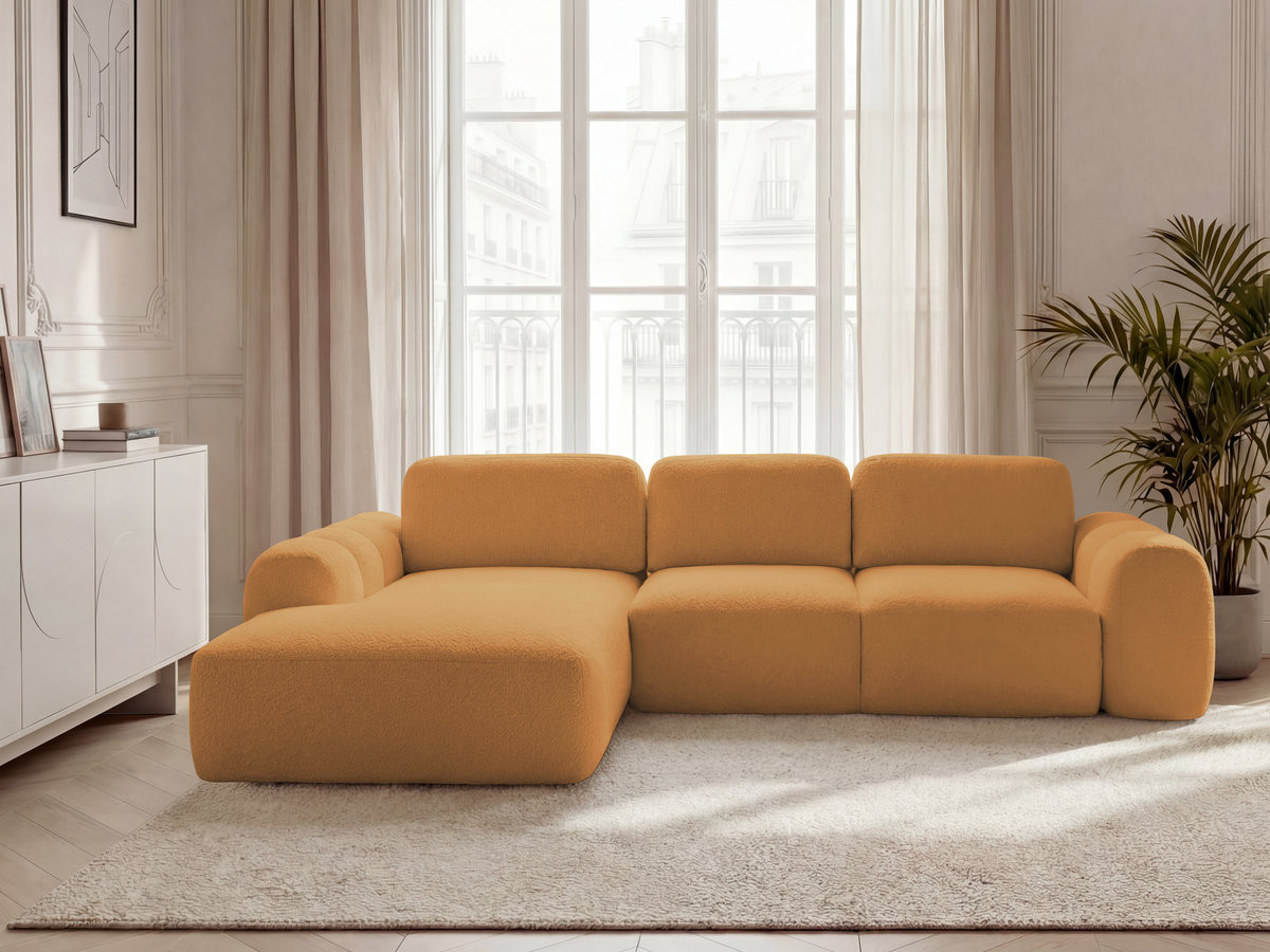 Canapé d'angle convertible coffre grande méridienne MONTAIGNE tissu bouclette