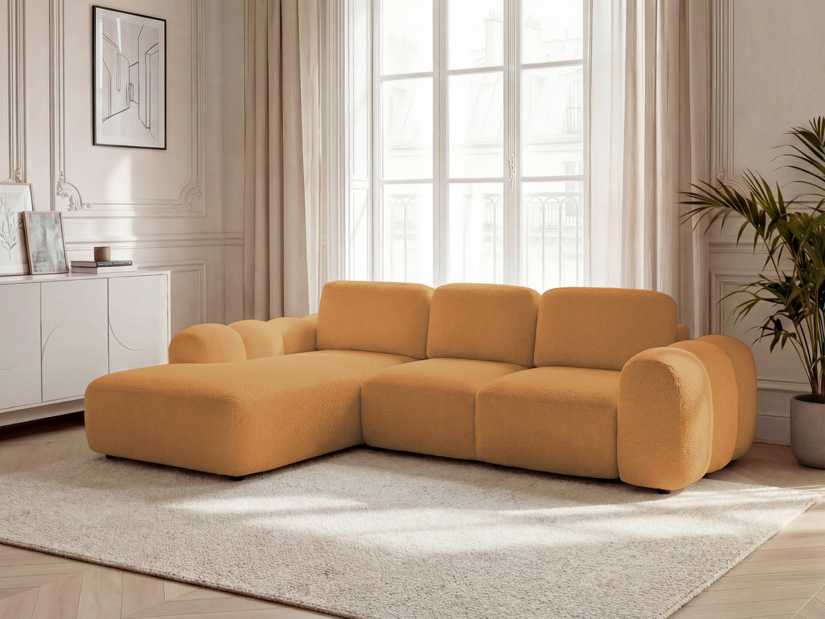 Canapé d'angle convertible coffre grande méridienne MONTAIGNE tissu bouclette