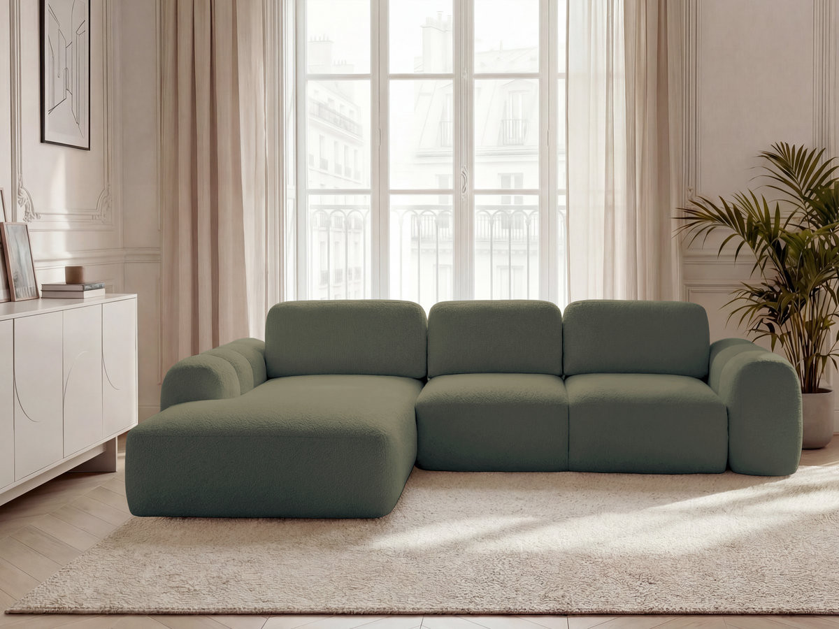 Canapé d'angle convertible coffre grande méridienne MONTAIGNE tissu bouclette