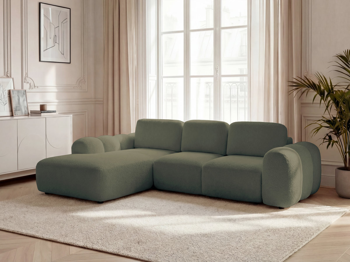 Canapé d'angle convertible coffre grande méridienne MONTAIGNE tissu bouclette vert  angle gauche BOBOCHIC 3 places