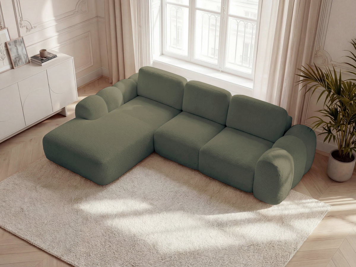 Canapé d'angle convertible coffre grande méridienne MONTAIGNE tissu bouclette